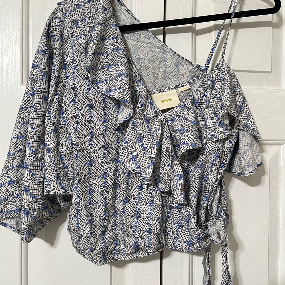 Maeve Leaf Print Blouse in Blue and White
